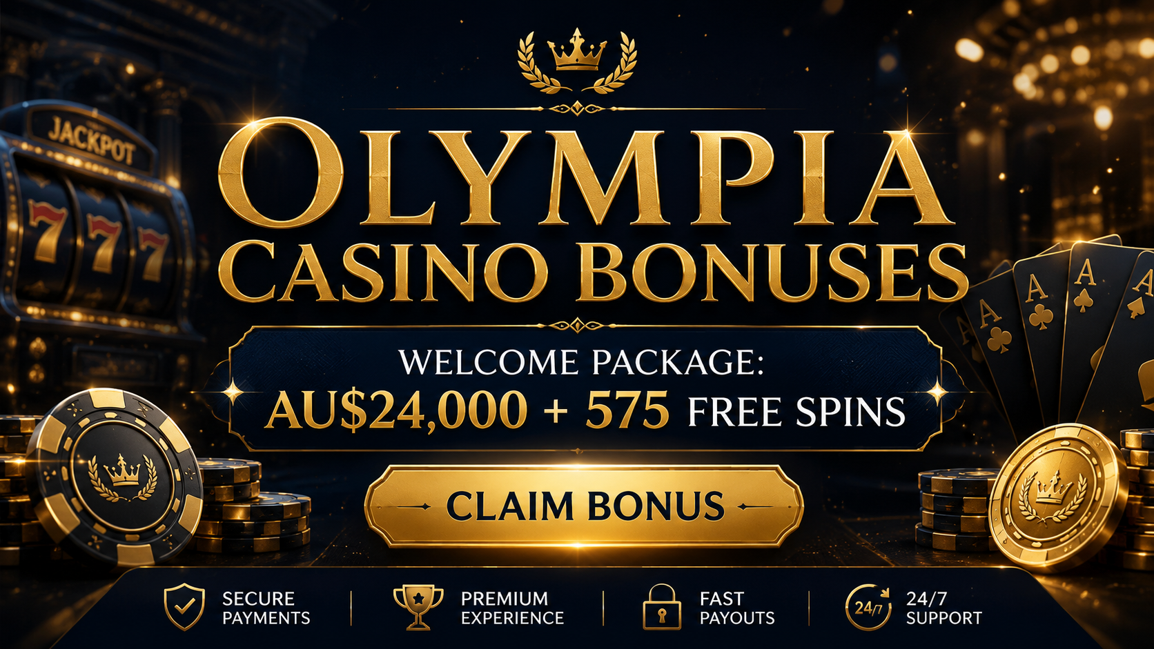 Olympia Casino welcome bonus — AU$10,000 + 75 free spins